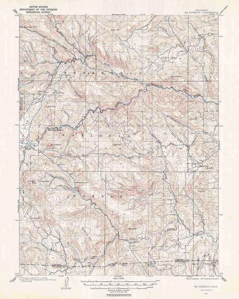 1905 Topo Map of Mount Olympus Colorado