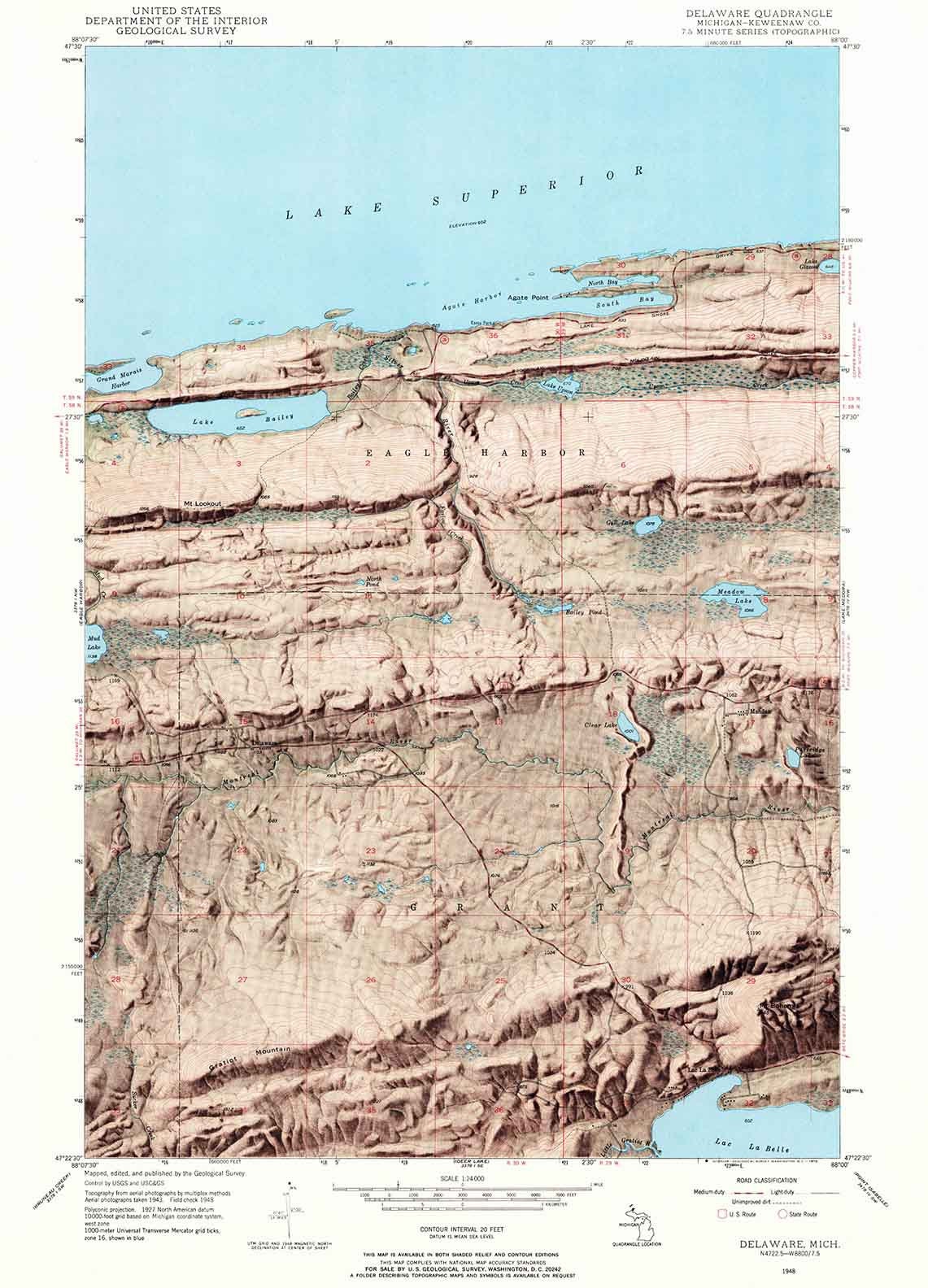 1948 Topo Map of Delaware Michigan Lake Superior