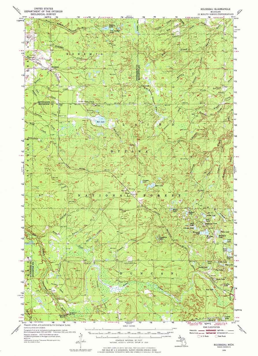 1954 Topo Map of Rousseau Michigan