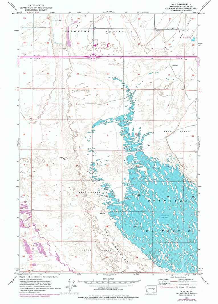 1956 Topo Map of Mae Washington Potholes Reservoir