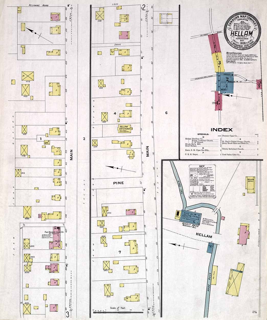 1908 Town Map of Hellam York County Pennsylvania