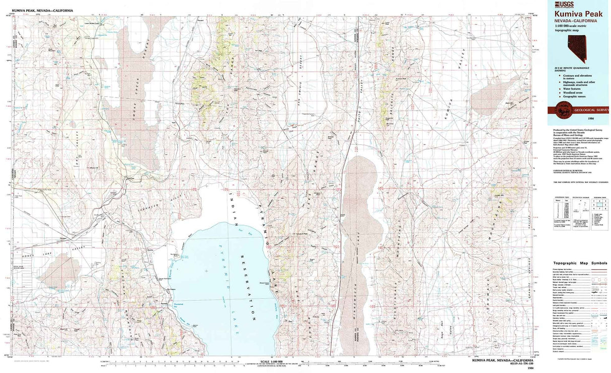 1984 Topo Map of Kumiva Peak Nevada NV Lake Pyramid