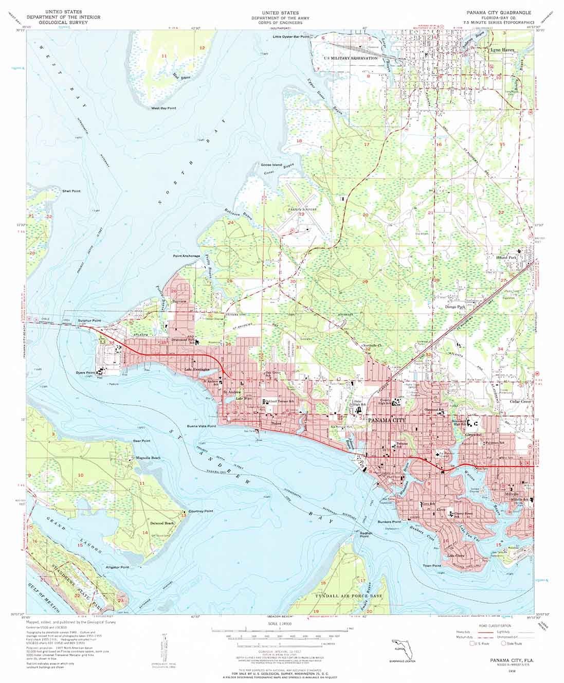 1956 Topo Map of Panama City Florida Tyndall Air Force Base