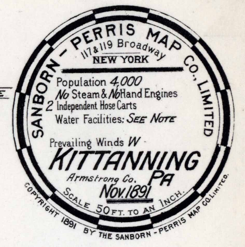 1891 Town Map of Kittanning Armstrong County Pennsylvania