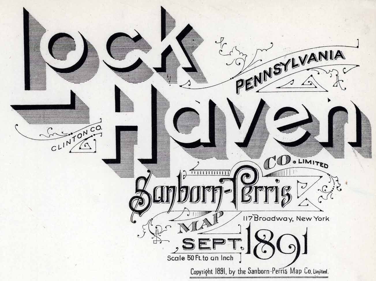 1891 Town Map Lock Haven Clinton County Pennsylvania