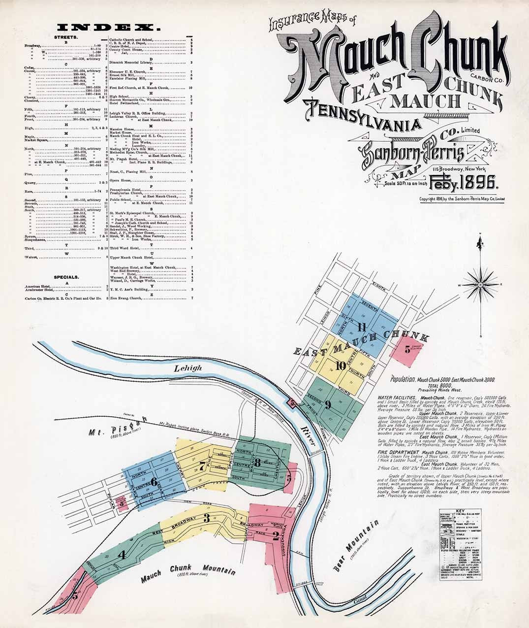 1896 Town Map of Mauch Chunk Carbon County Pennsylvania