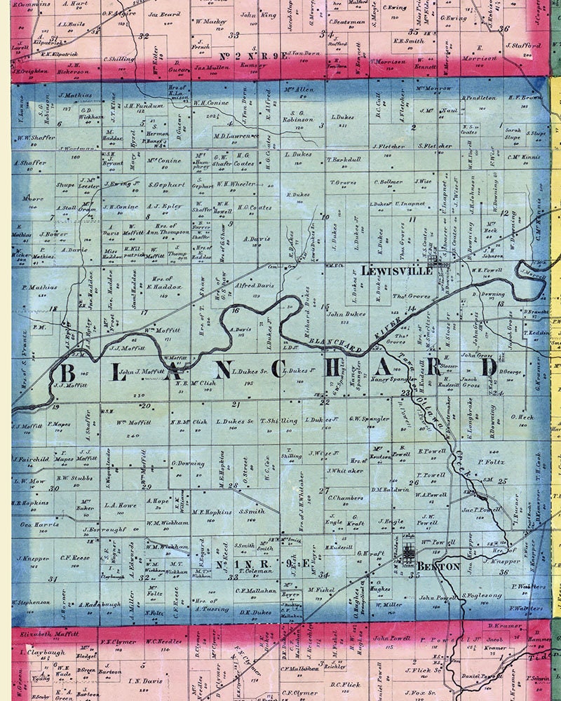 1863 Farm Line Map of Blanchard Township Hancock County Ohio