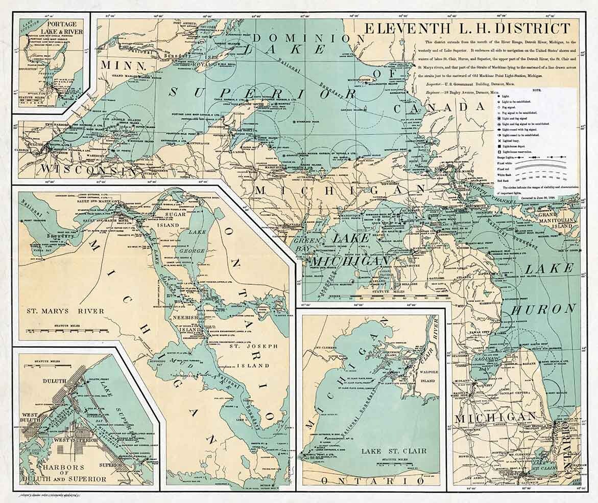 1898 Map of The Great Lakes Michigan Ontario Lake Superior Lake Huron