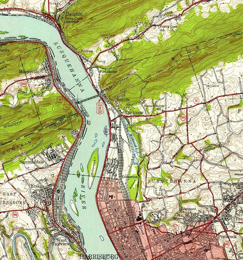 1943 Topo Map of Harrisburg Pennsylvania Susquehanna River