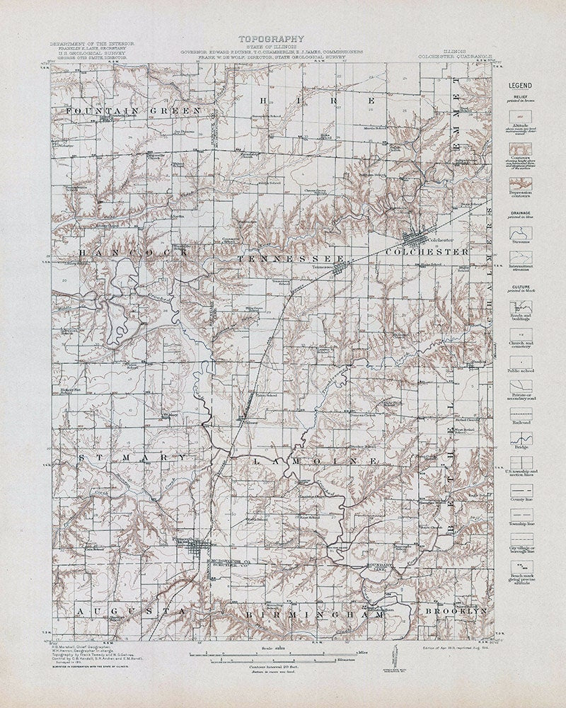 1916 Topo Map of Colchester Quadrangle Illinois