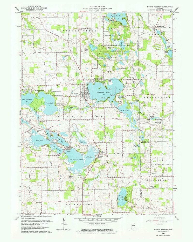1962 Topo Map of North Webster Quadrangle Indiana Lake Webster
