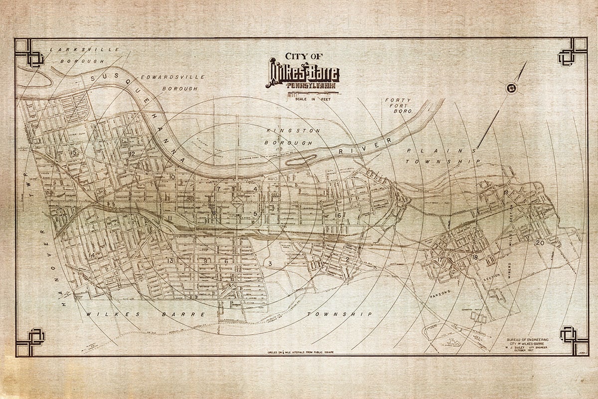 1967 Map of Wilkes-Barre Luzerne County Pennsylvania