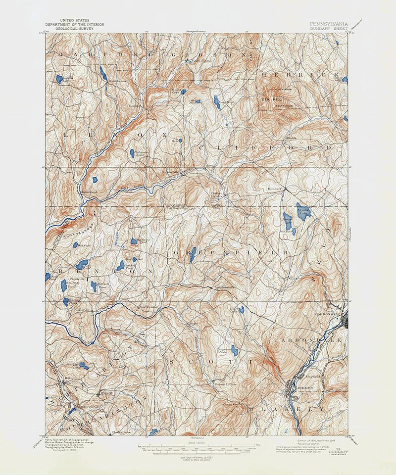 1892 Topo Map of Dundaff Pennsylvania Quadrangle