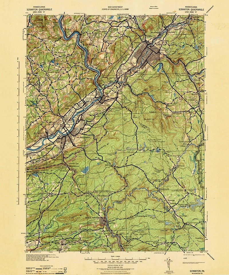 1943 Topo Map of Scranton Pennsylvania Quadrangle