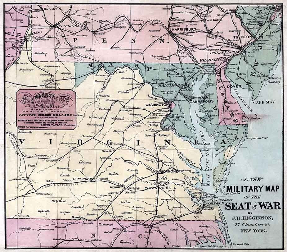 1861 Military Map Southern States Civil War Virginia Maryland Pennsylvania