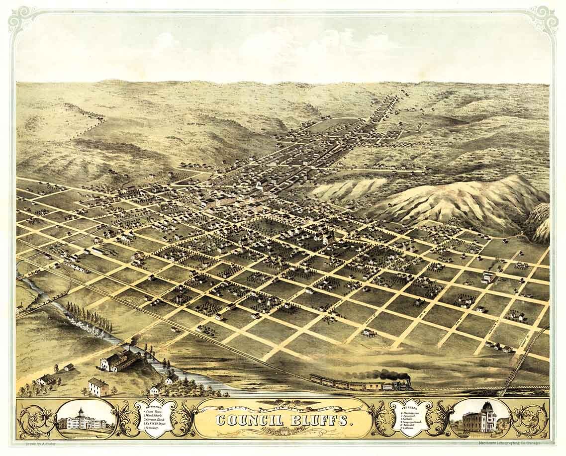 1868 Panoramic Map of Council Bluffs Pottawattamie County Iowa