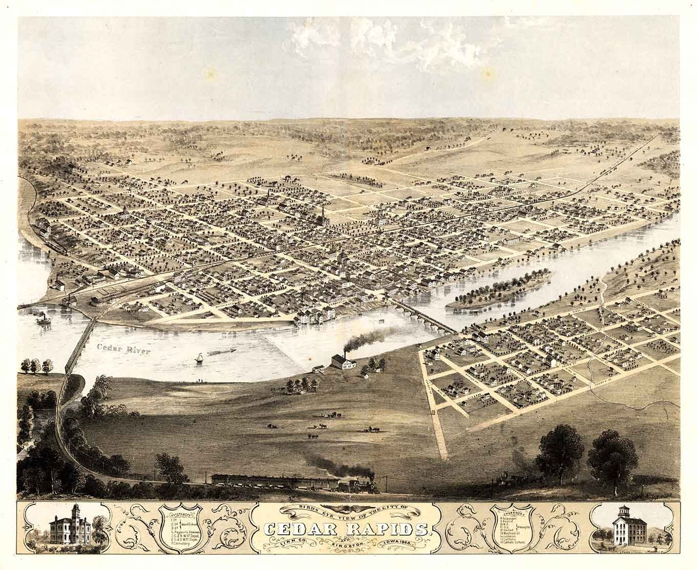 1868 Panoramic Map of Cedar Rapids and Kingston Linn County Iowa