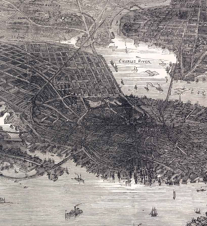 1870 Panoramic Map of Boston Massachusetts