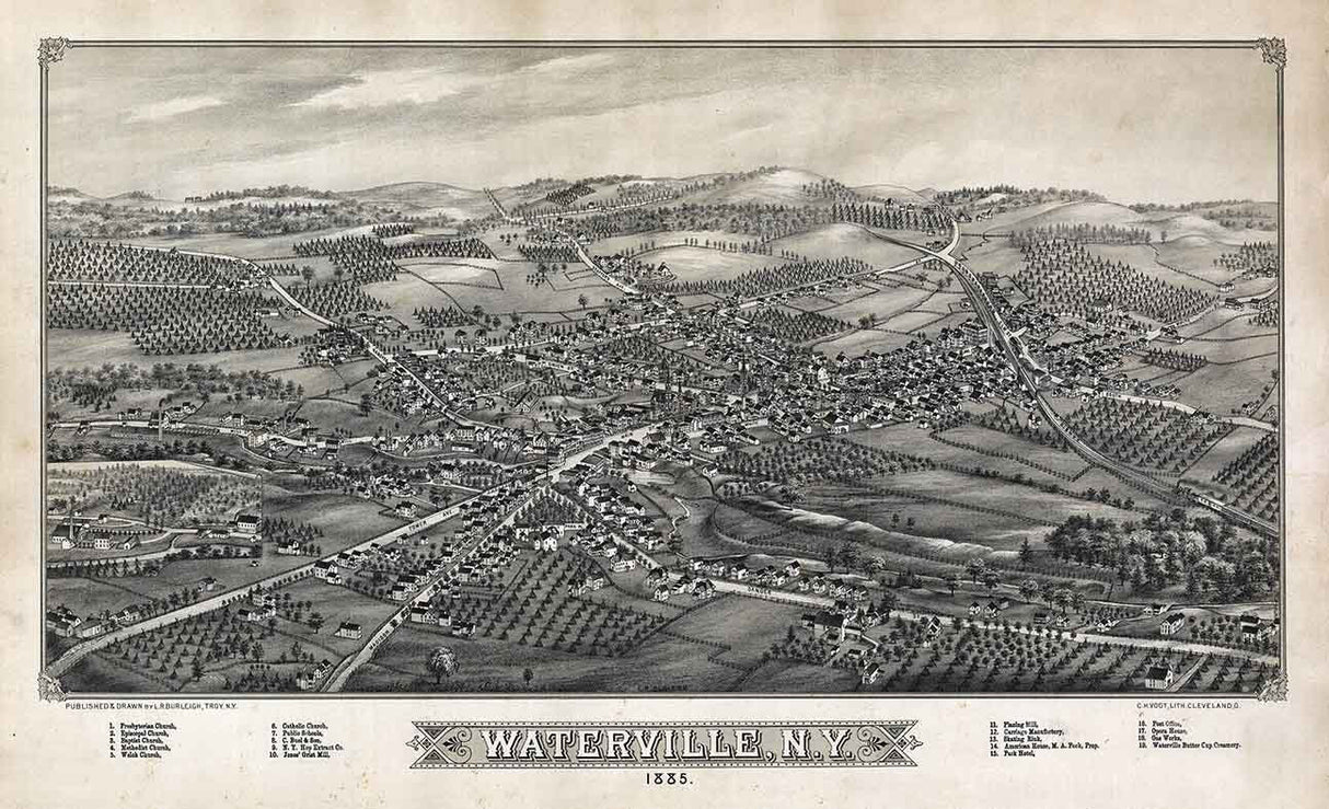 1885 Panoramic Map of Waterville New York