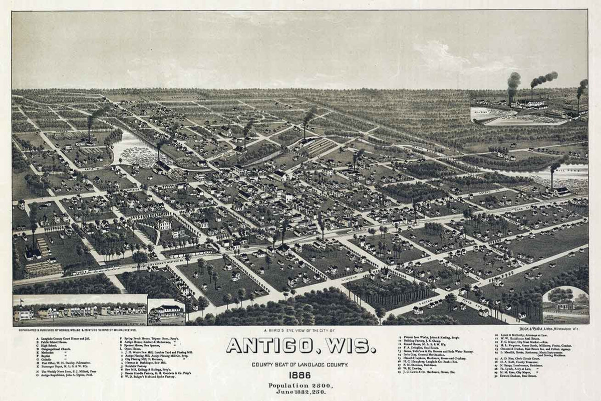1886 Panoramic Map of Antigo Wisconsin Langlade County – Genealogical ...