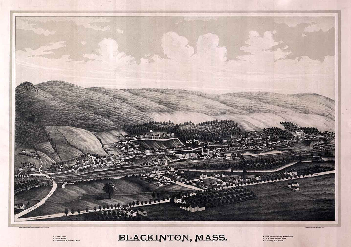 1889 Panoramic Map of Blackinton Massachusetts