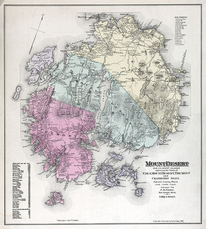 1887 Color Map of Mount Desert Island Maine