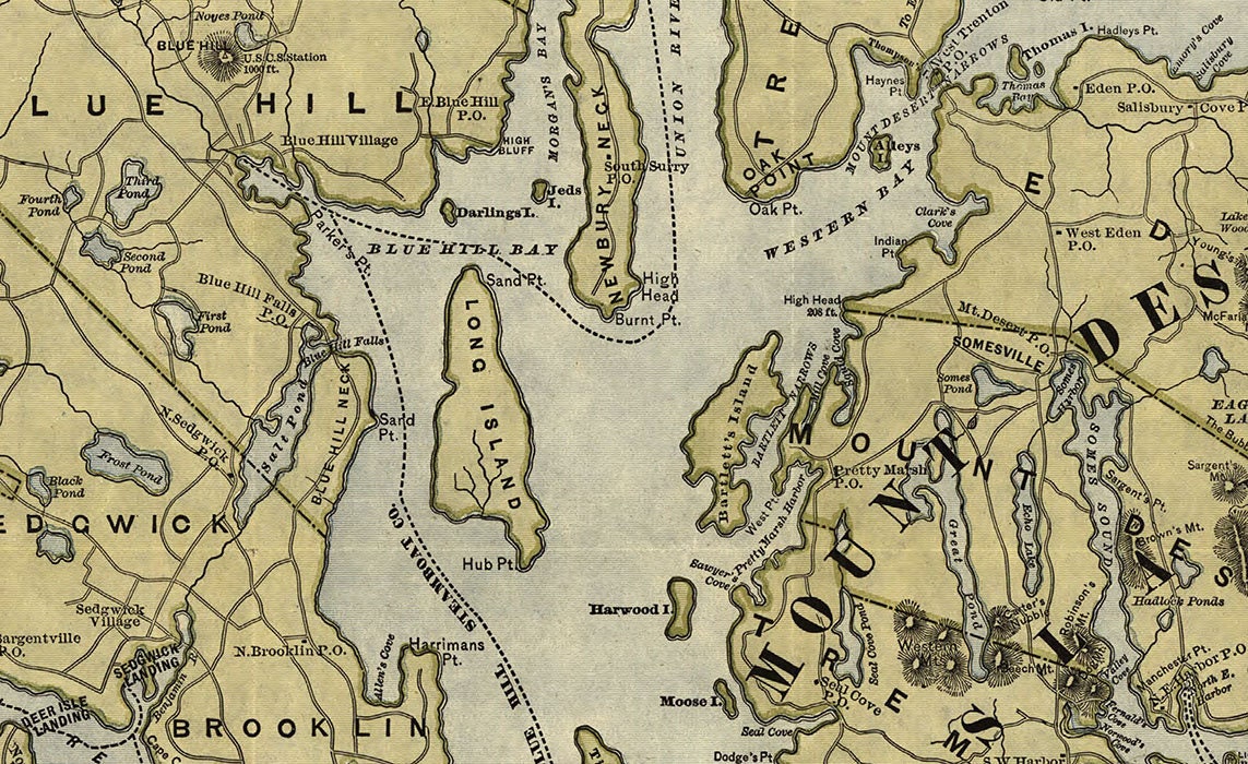 1890 Map of Mount Desert Island and the coast of Maine