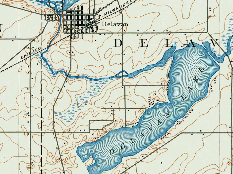 1893 Topo Map of Delavan Wisconsin Quadrangle Delavan Lake