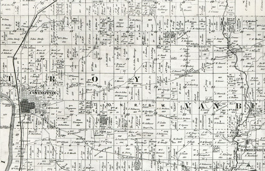 1865 Farm Line Map of Fountain & Warren County Indiana Covington Attica