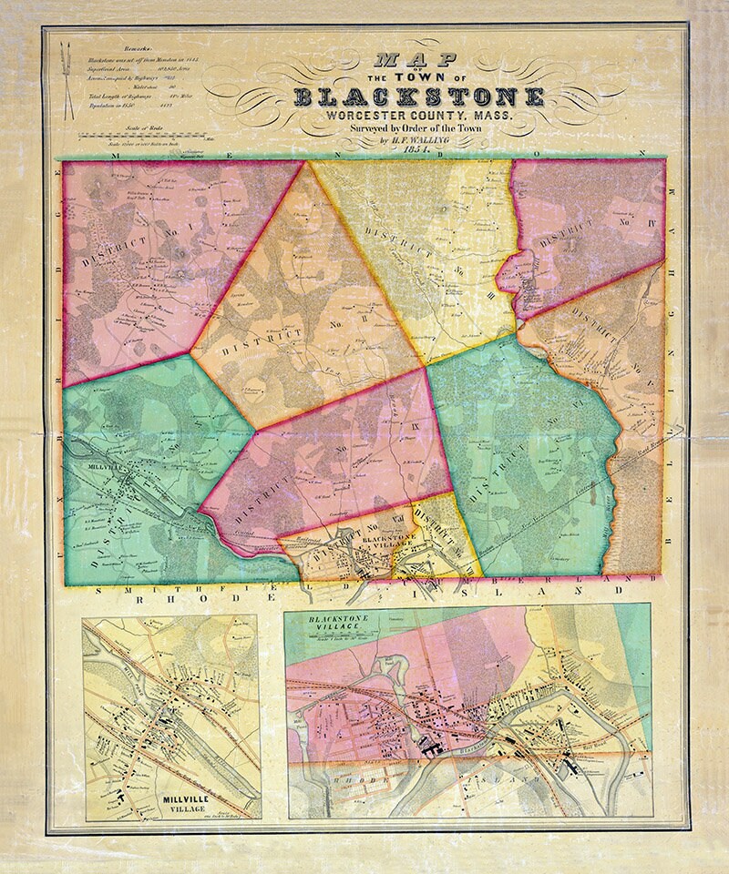1854 Map of Blackstone Worcester County Massachusetts