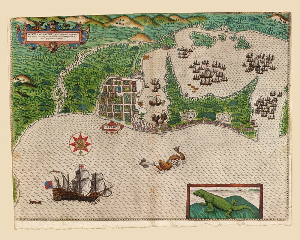 1586 Map of Drakes Invasion of Cartagena Colombia