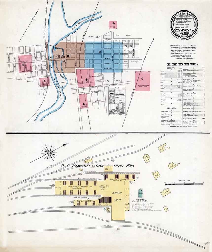 1888 Town Map of Greenville Mercer County Pennsylvania