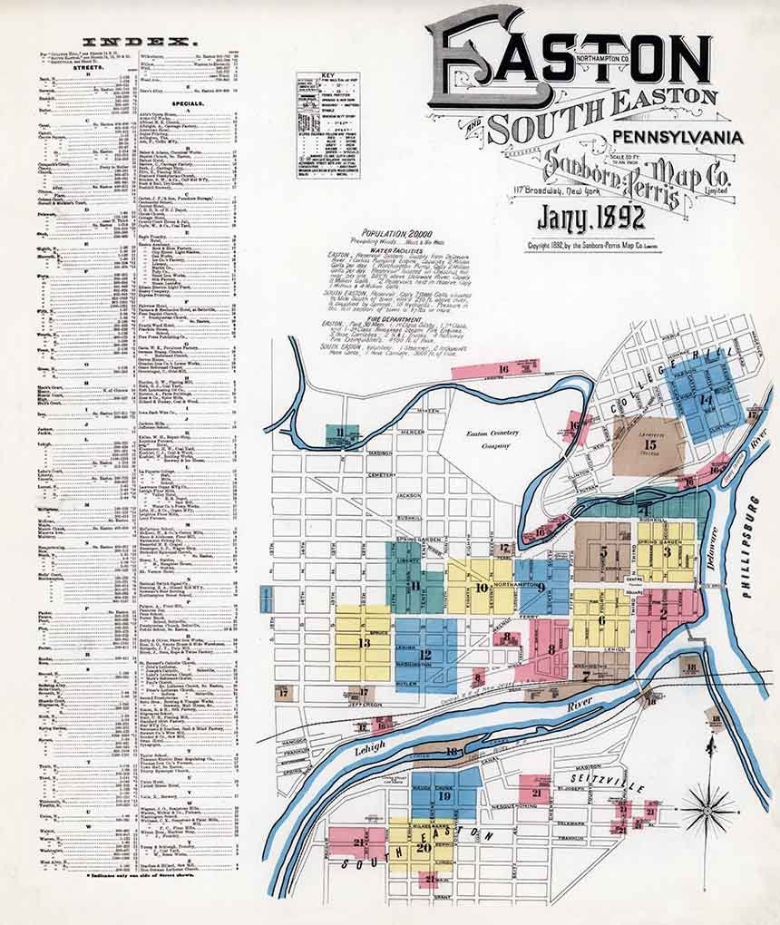 1892 Town Map of Easton Northampton County Pennsylvania
