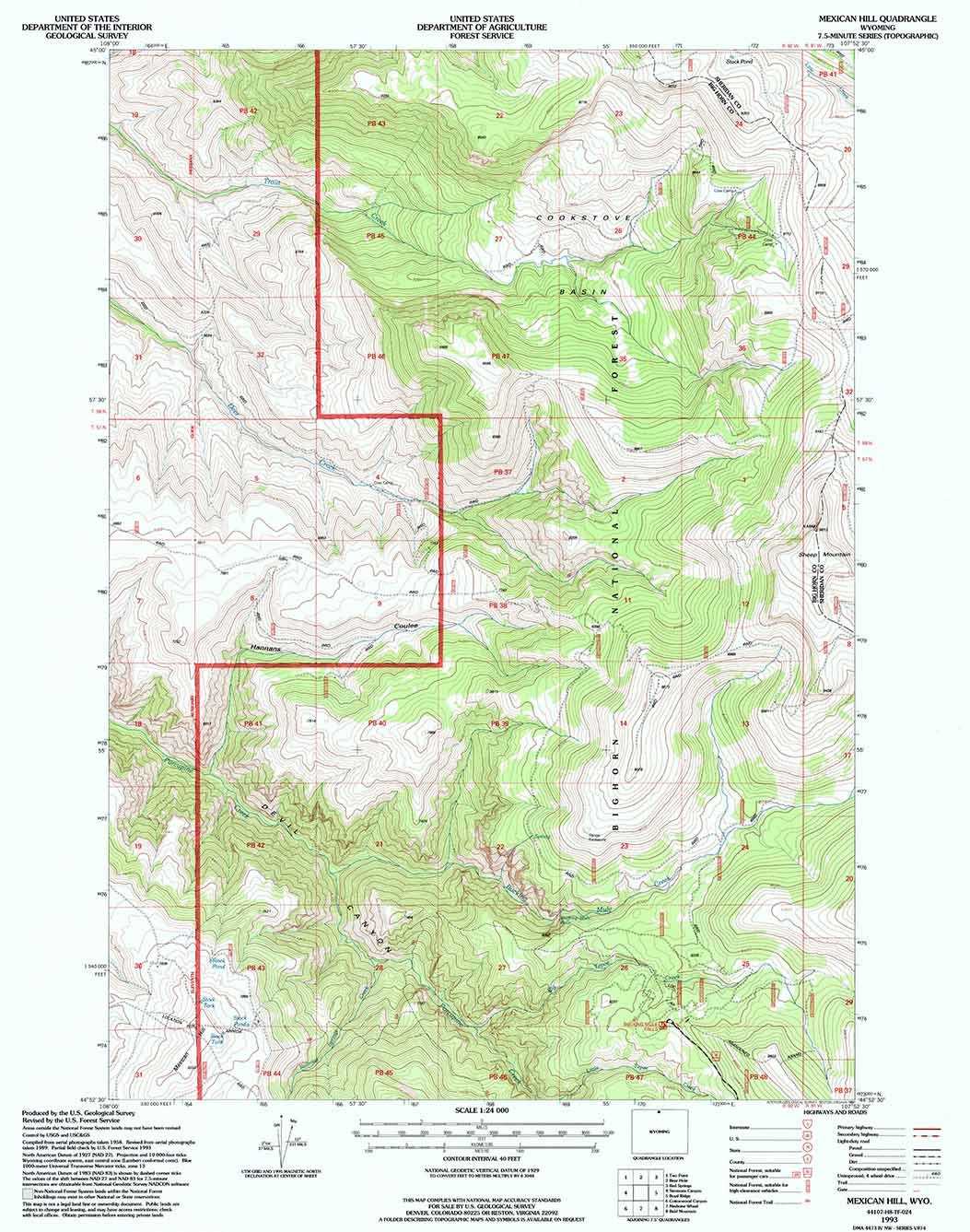 1993 Topo Map of Mexican Hill Wyoming WY