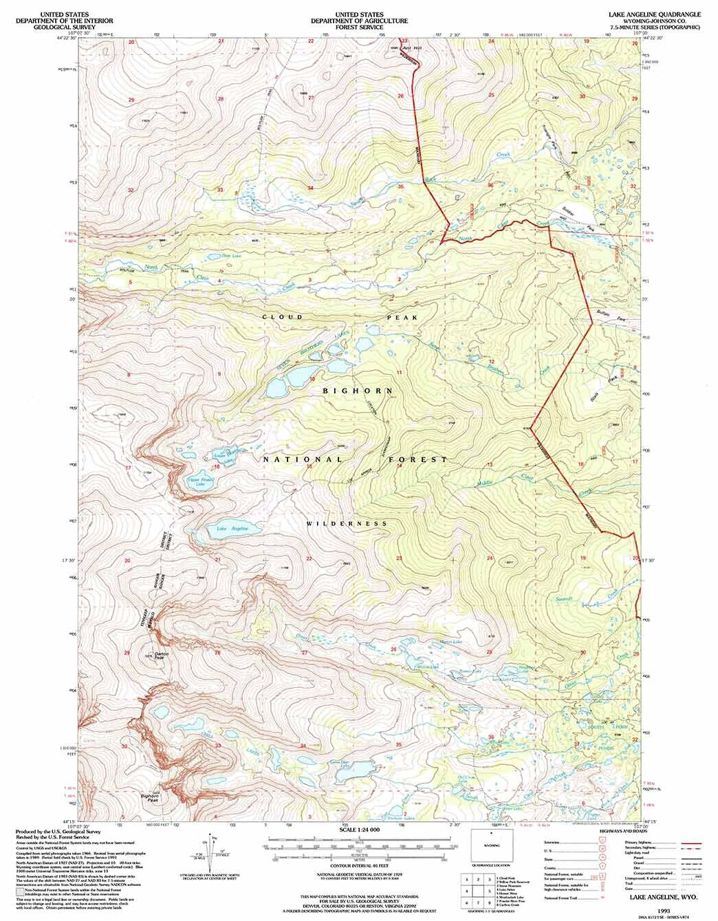 1993 Topo Map of Lake Angeline Wyoming WY Bighorn Forest