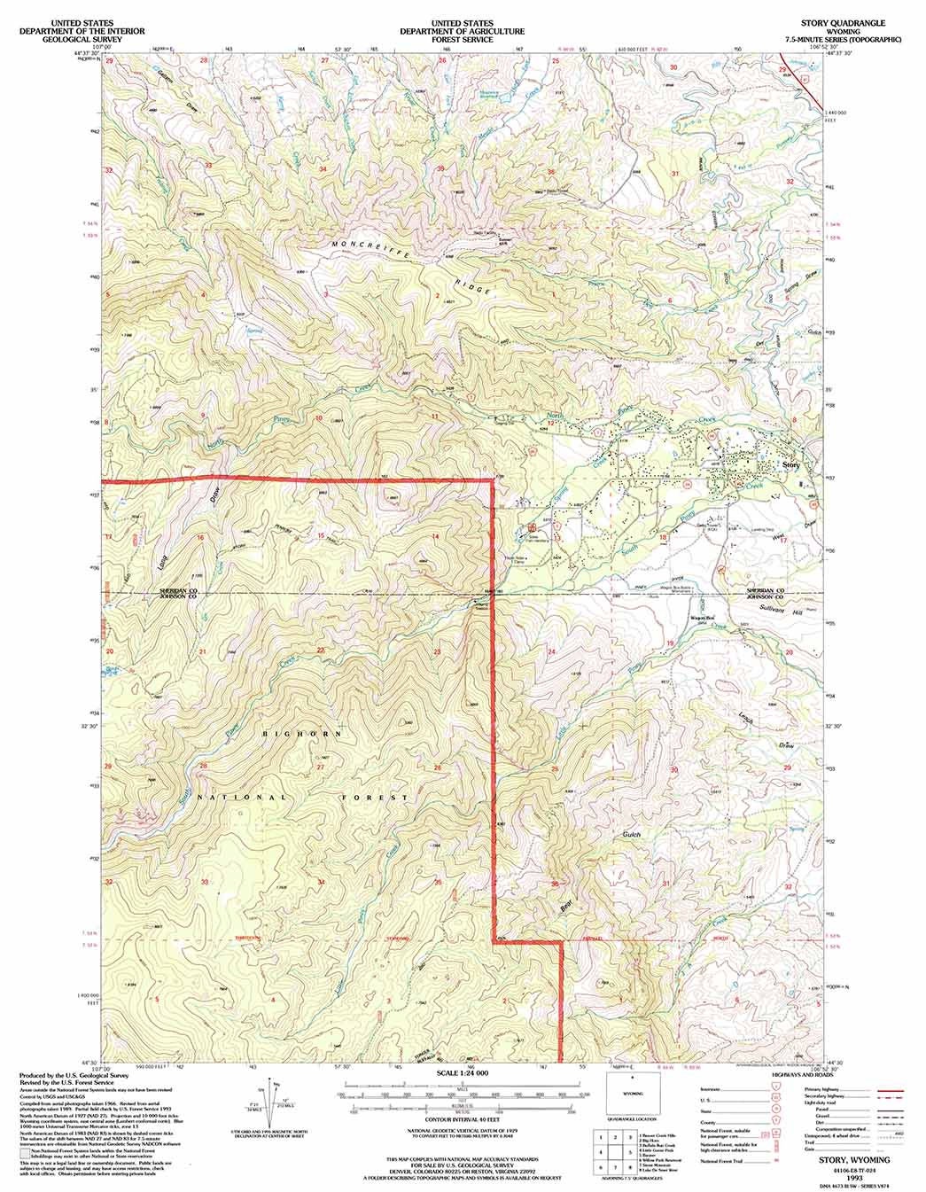 1993 Topo Map of Story Wyoming WY Bighorn Forest
