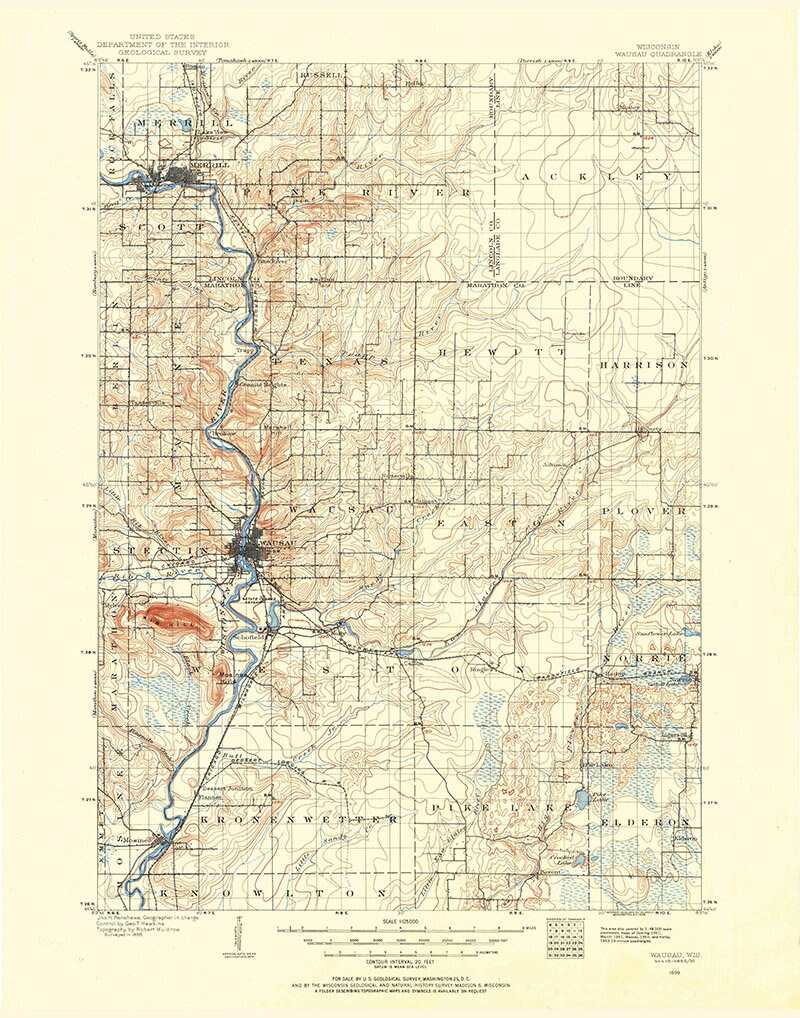 1899 Topo Map of Wausau Quadrangle Wisconsin