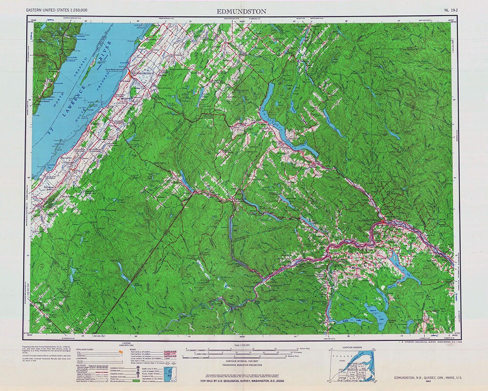 1962 Topo Map of Edmundston NB Quebec Canada & Maine