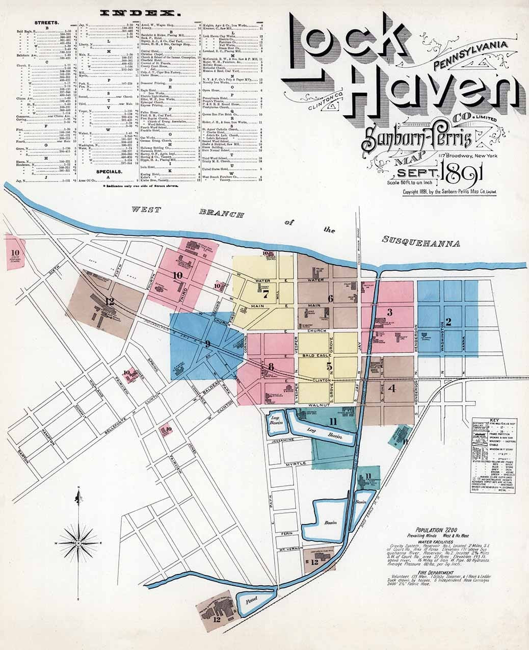 1891 Town Map Lock Haven Clinton County Pennsylvania