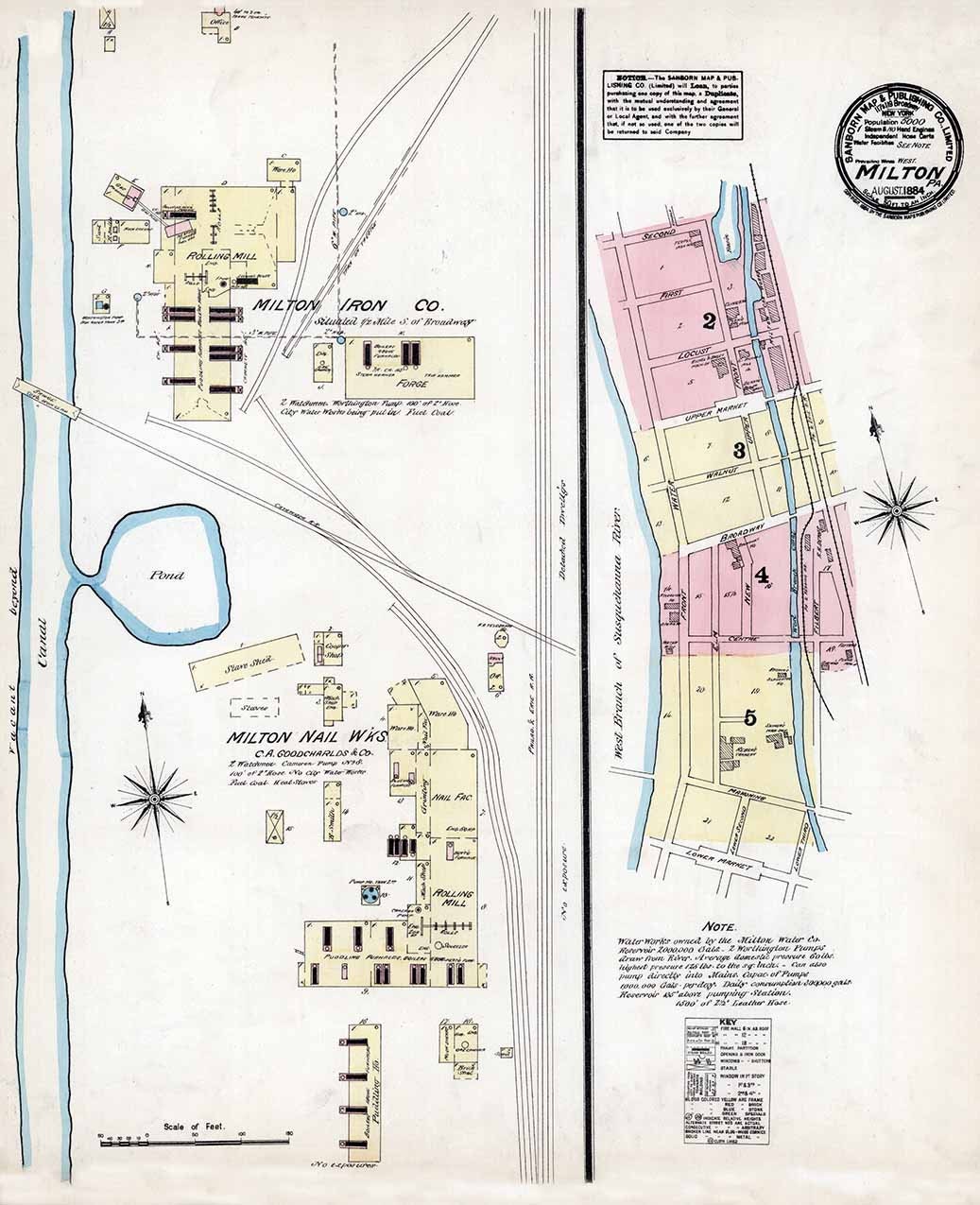 1884 Town Map of Milton Northumberland County Pennsylvania