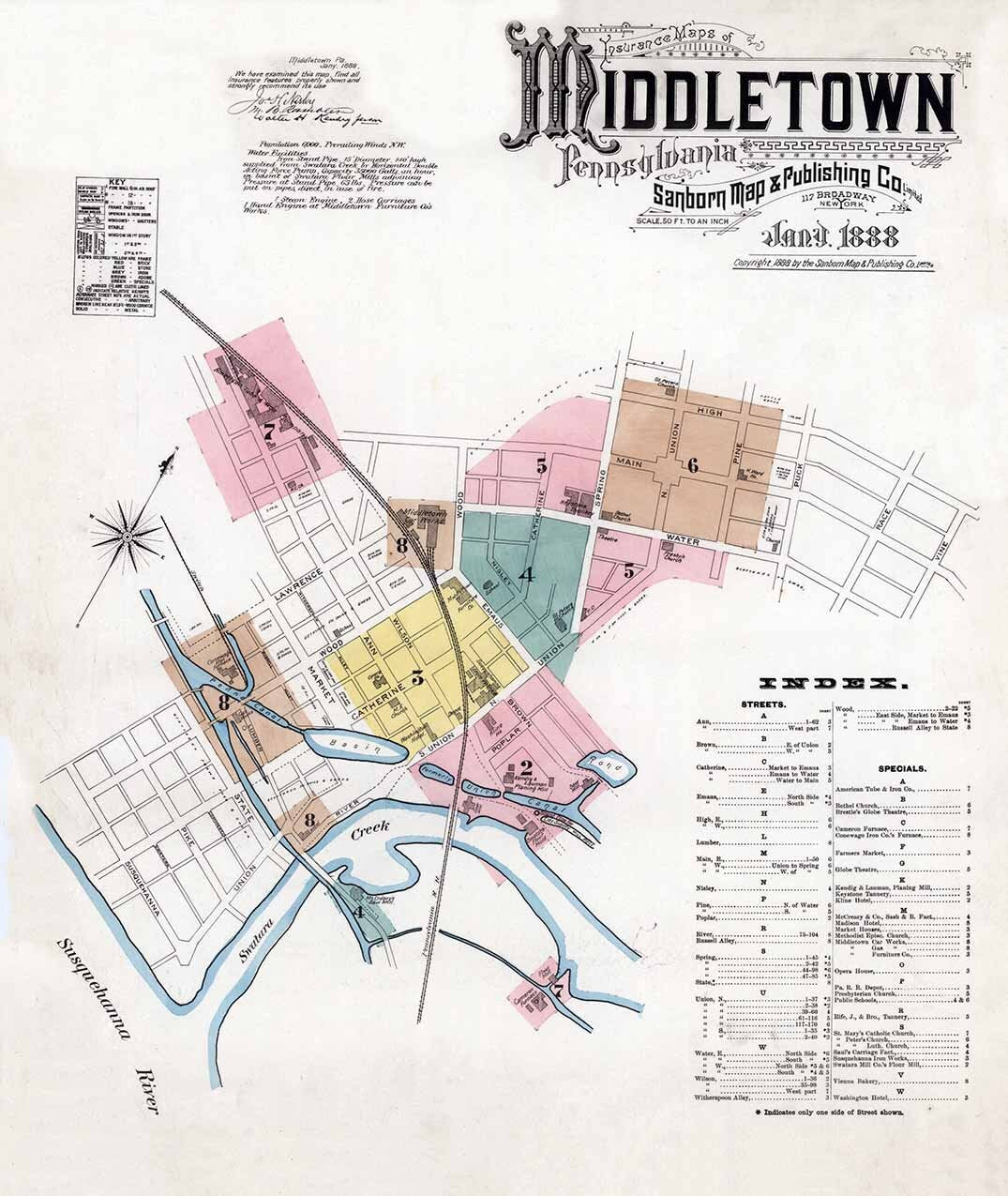 1888 Town Map of Middletown Dauphin County Pennsylvania