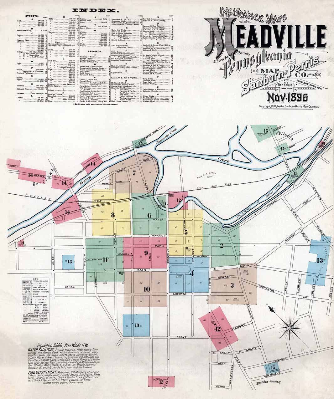 1896 Town Map of Meadville Crawford County Pennsylvania
