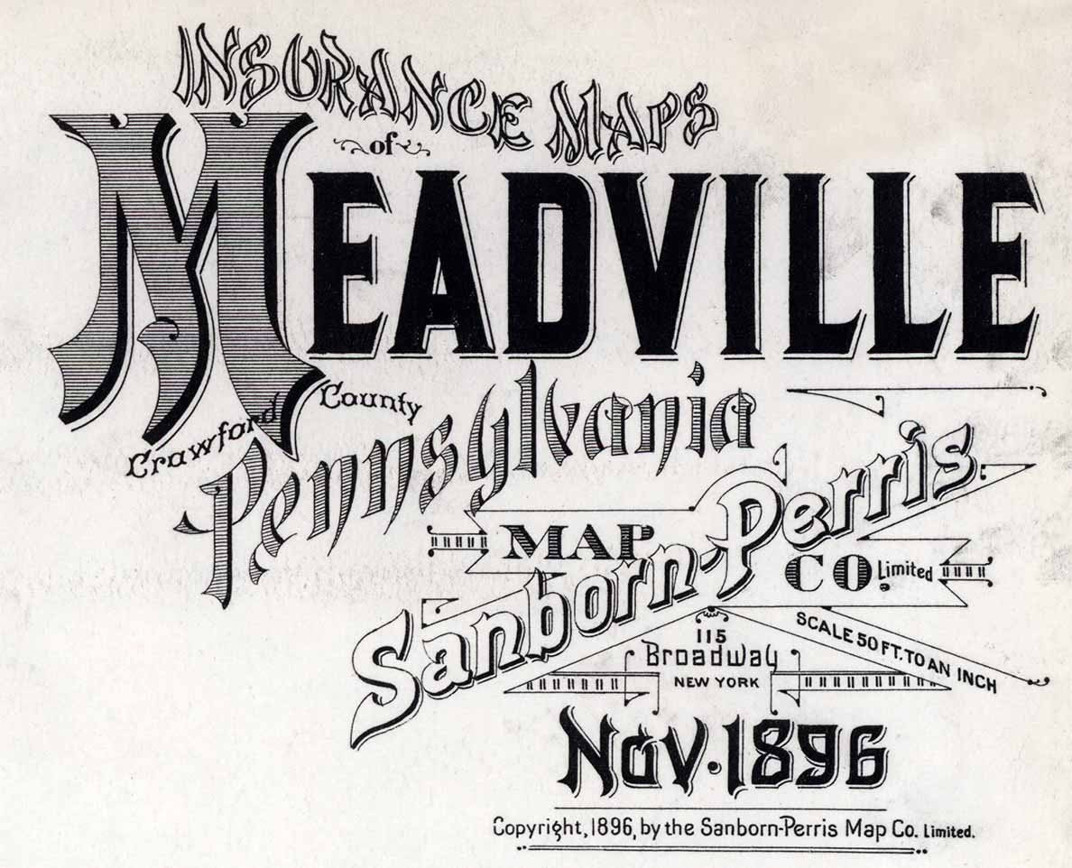 1896 Town Map of Meadville Crawford County Pennsylvania