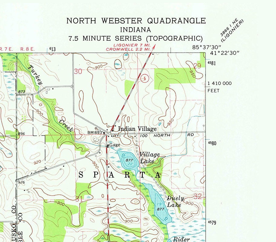 1962 Topo Map of North Webster Quadrangle Indiana Lake Webster