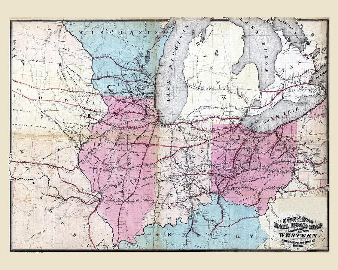 1859 Map of rail road travellers western Indiana Illinois Wisconsin Ohio
