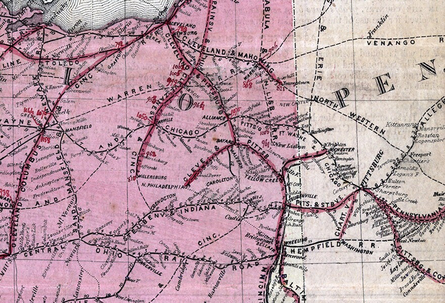 1859 Map of rail road travellers western Indiana Illinois Wisconsin Ohio