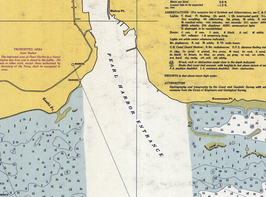 1950 Nautical Map of Pearl Harbor Entrance Hawaii