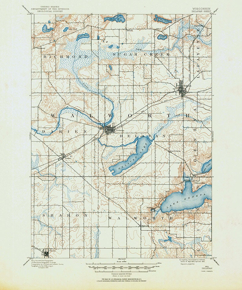 1893 Topo Map of Delavan Wisconsin Quadrangle Delavan Lake