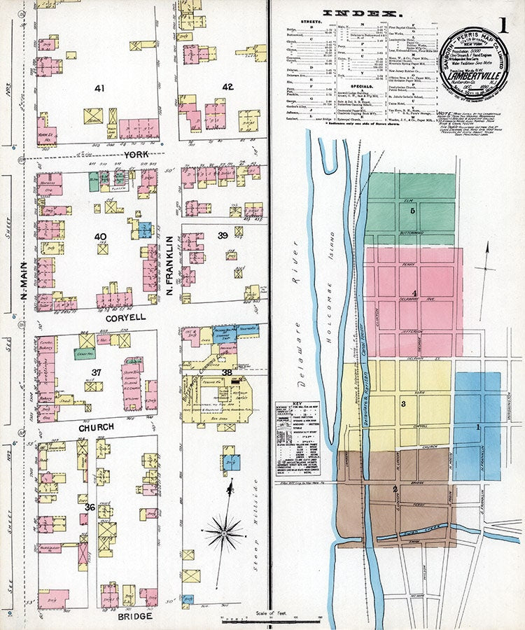 1890 Town Map of Lambertville Hunderdon County New Jersey
