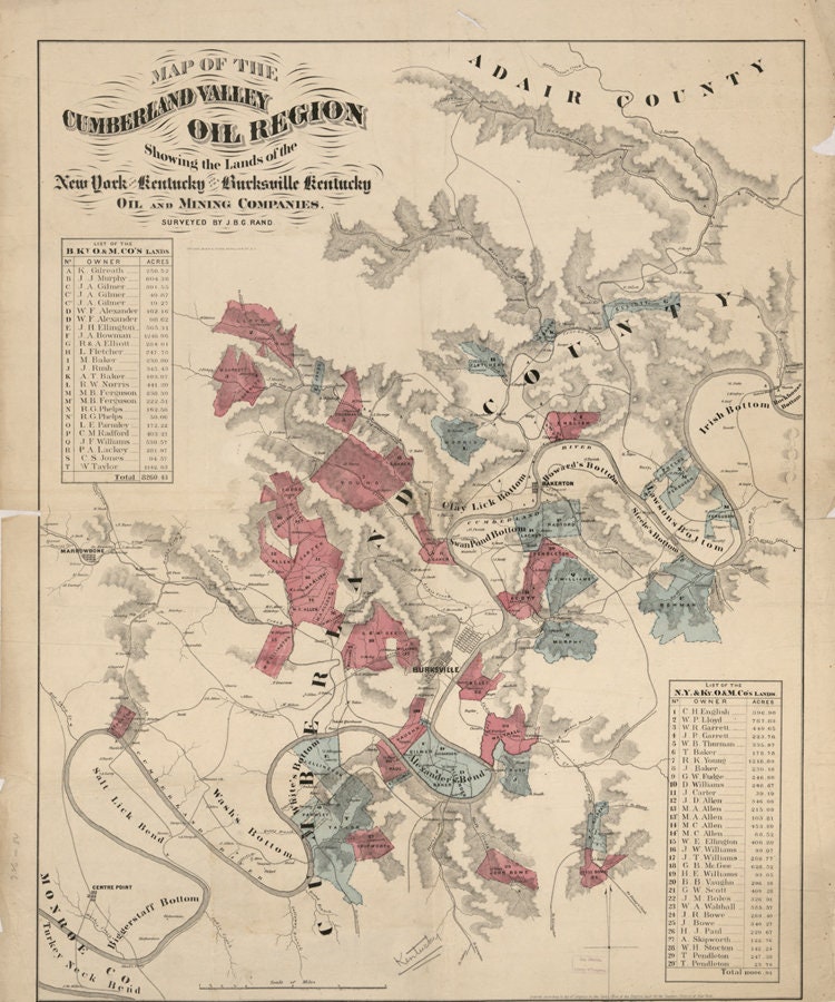 1870 Map of the Cumberland Valley Oil Region Burksville Kentucky